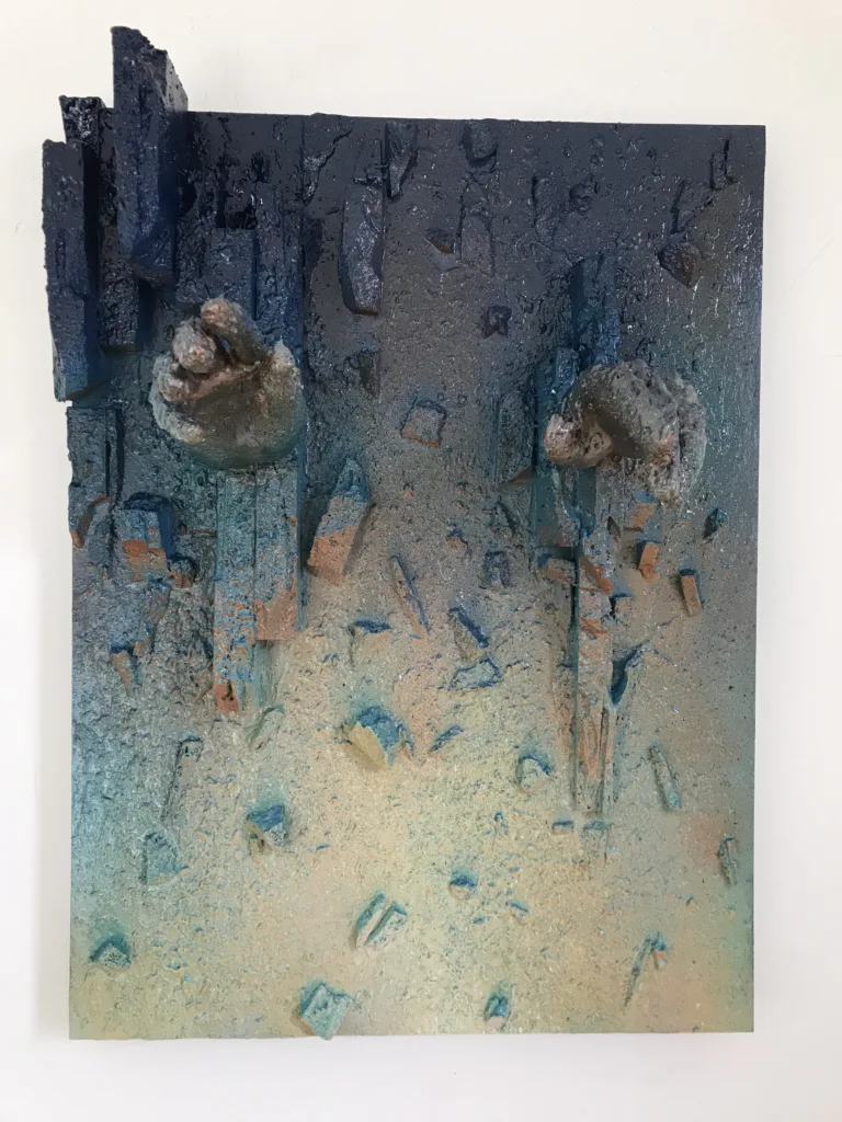 404 The Peloponnesian War — painted relief; built up in heavy, tactile impasto; in spray paint; yellow, green and blue tones