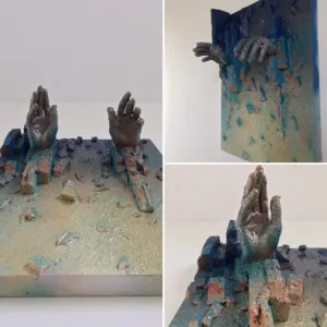 404 The Peloponnesian War — painted relief; built up in heavy, tactile impasto; in spray paint; yellow, green and blue tones — detail 1 of 2, close-up of surface texture