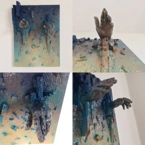 404 The Peloponnesian War — painted relief; built up in heavy, tactile impasto; in spray paint; yellow, green and blue tones — detail 2 of 2, close-up of surface texture