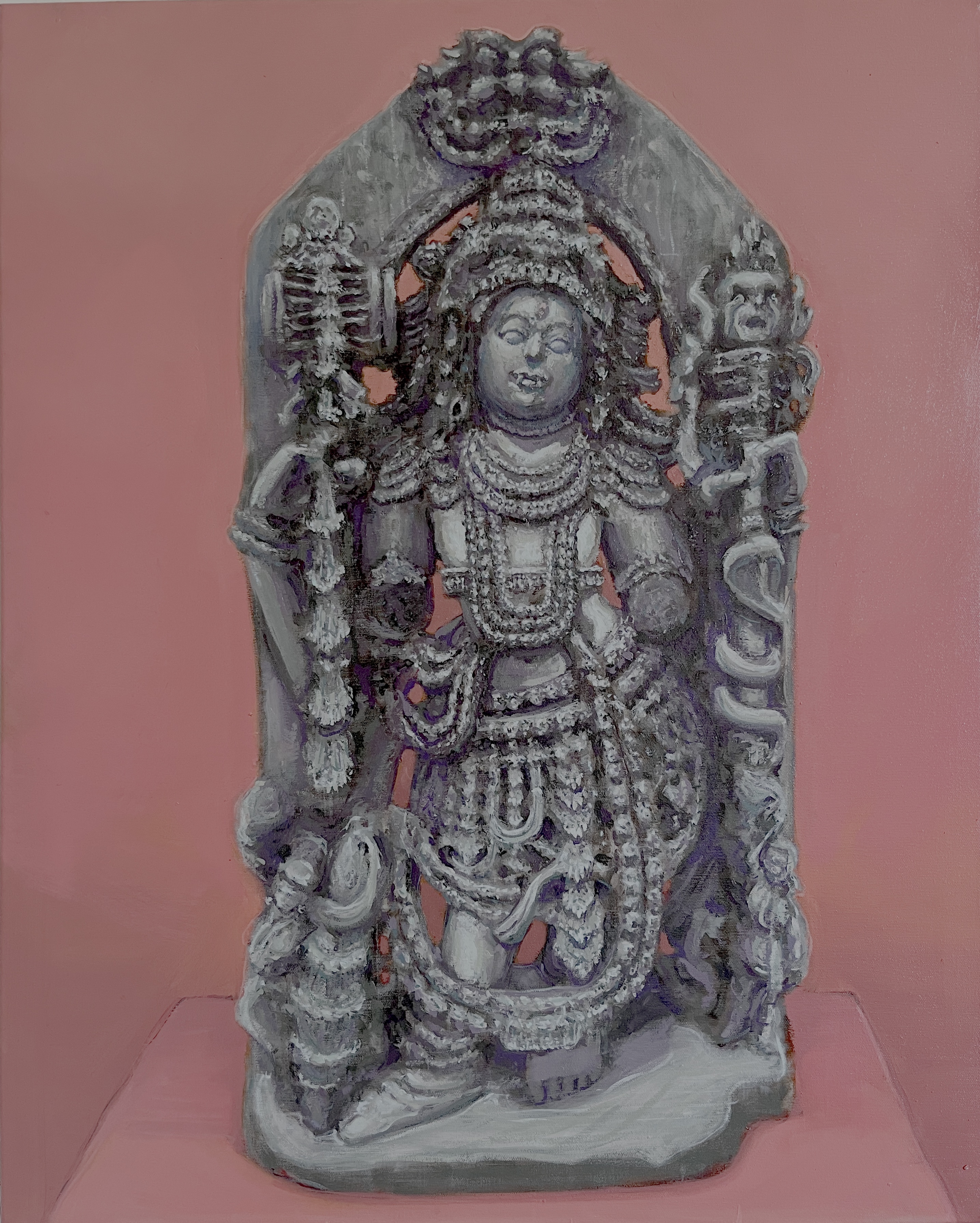 Oil painting study of an ornate Guardian of Shiva Hindu statue rendered in cool grey against a dusty rose background, by Zenon Evans, 2024