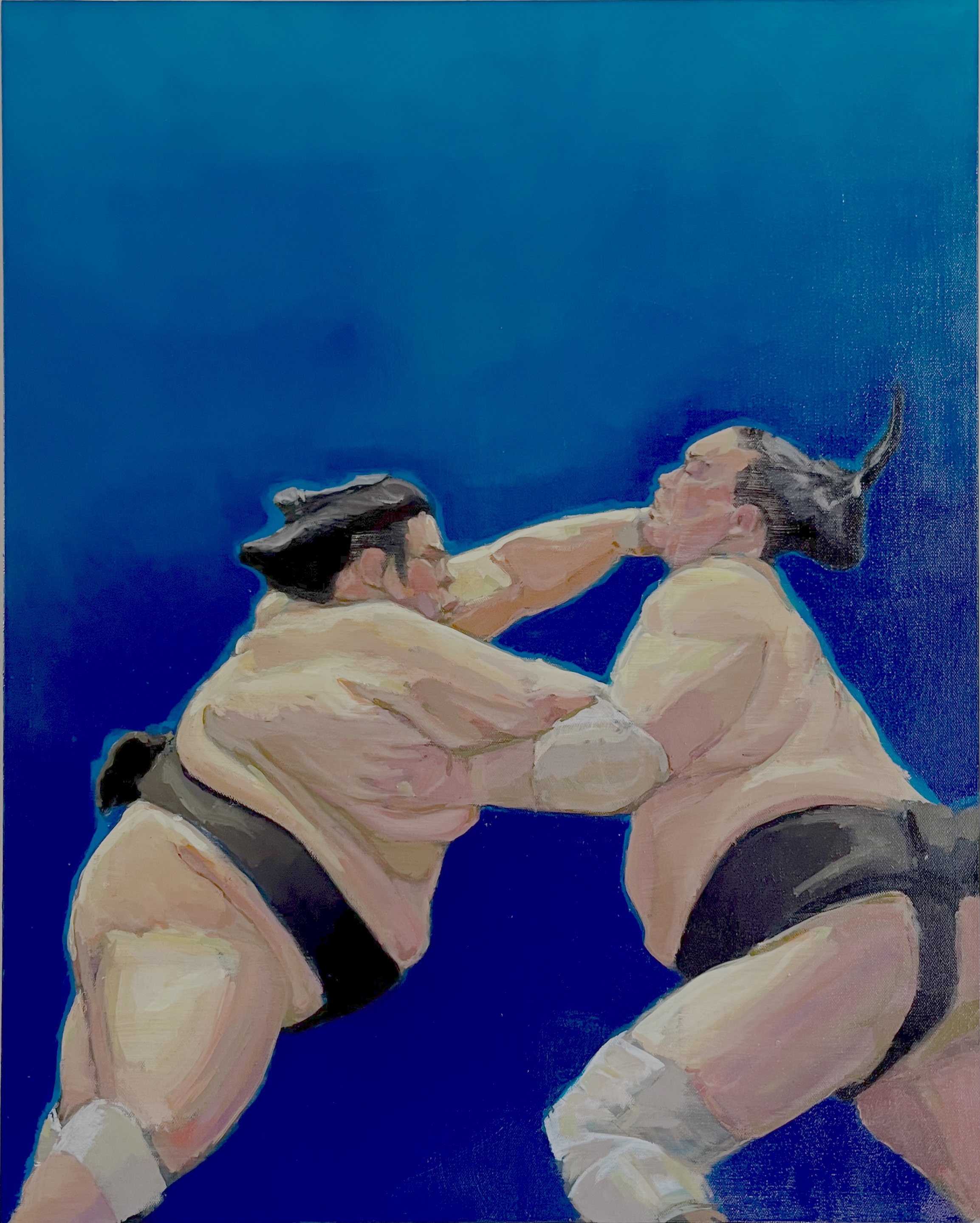 Oil painting of two sumo wrestlers grappling against a deep cobalt blue background, by Zenon Evans, 2024