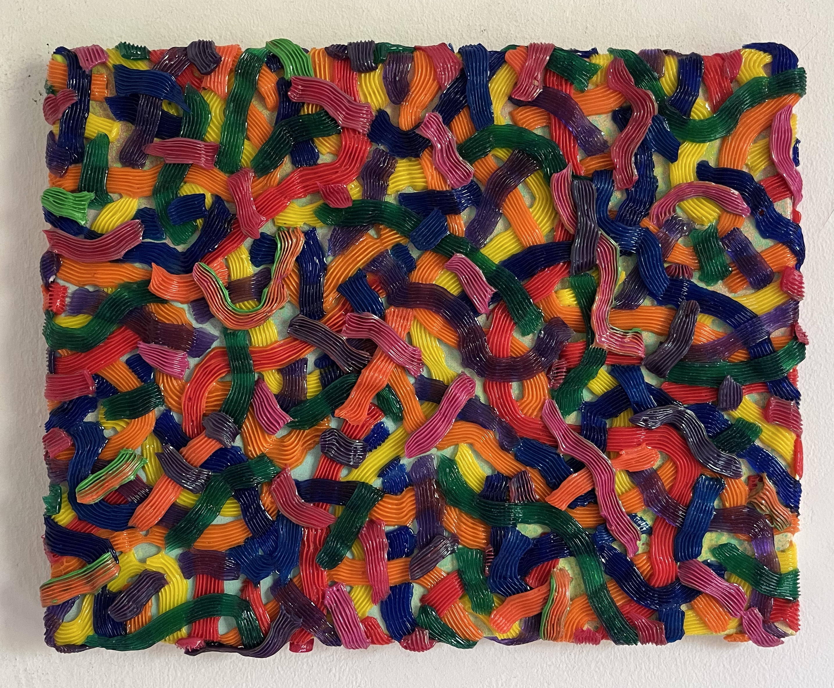 Acrylic and gel medium tactile relief sculptural painting on canvas covered in densely layered multicolored worm-shaped ridges, by Zenon Evans, 2024