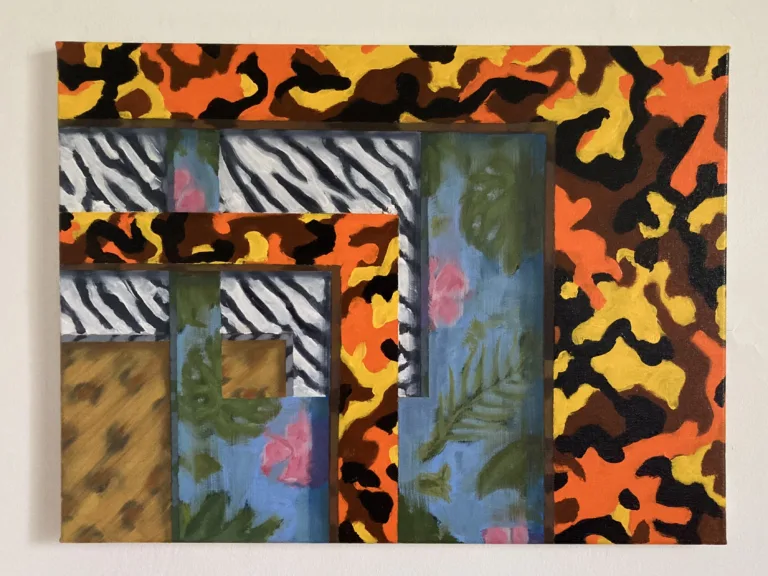 Antipattern Layered Geometric Abstraction — painting; in oil on canvas; orange, yellow, blue, brown, black and white tones