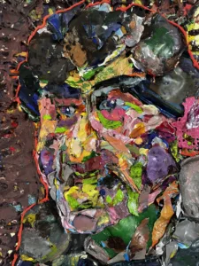 Assembled Portrait Of A Man — painting; applied without brushes, piped directly onto the surface; in acrylic on canvas — detail 1 of 4, close-up of surface texture