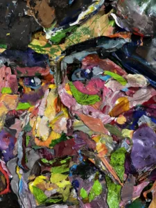 Assembled Portrait Of A Man — painting; applied without brushes, piped directly onto the surface; in acrylic on canvas — detail 2 of 4, close-up of surface texture