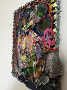 Assembled Portrait Of A Man — painting; applied without brushes, piped directly onto the surface; in acrylic on canvas — detail 3 of 4, close-up of surface texture