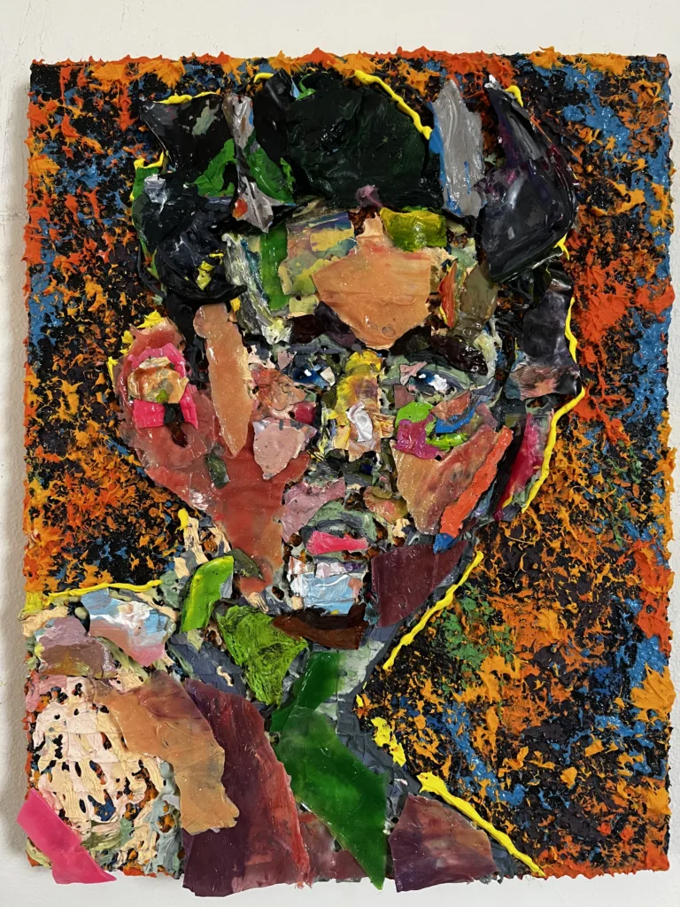 Assembled Pre Dried Collage Portrait Of A Man — painting; built up in heavy, tactile impasto; in acrylic on canvas