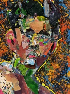 Assembled Pre Dried Collage Portrait Of A Man — painting; built up in heavy, tactile impasto; in acrylic on canvas — detail 1 of 4, close-up of surface texture
