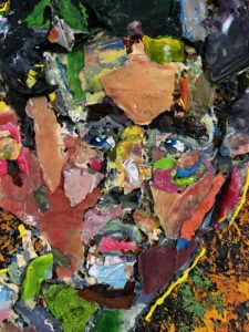 Assembled Pre Dried Collage Portrait Of A Man — painting; built up in heavy, tactile impasto; in acrylic on canvas — detail 2 of 4, close-up of surface texture