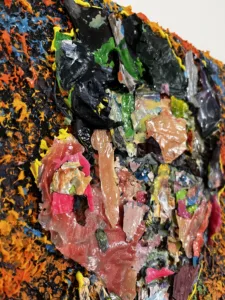 Assembled Pre Dried Collage Portrait Of A Man — painting; built up in heavy, tactile impasto; in acrylic on canvas — detail 3 of 4, close-up of surface texture