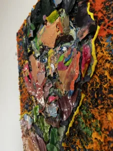 Assembled Pre Dried Collage Portrait Of A Man — painting; built up in heavy, tactile impasto; in acrylic on canvas — detail 4 of 4, close-up of surface texture