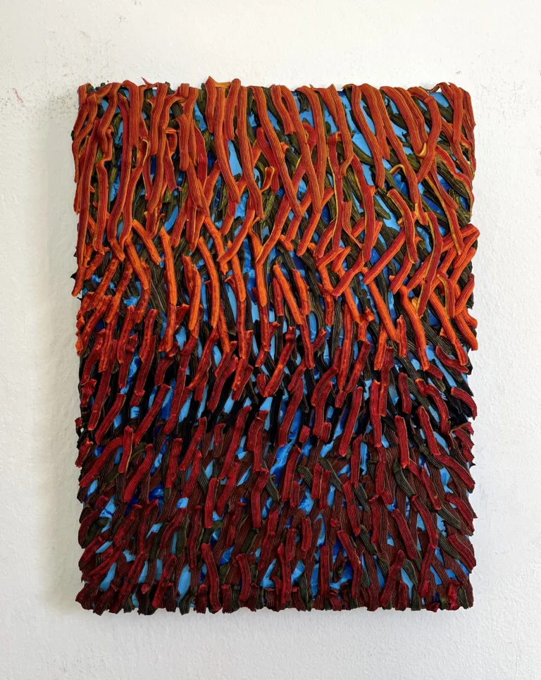 Autumnal Gradient Tactile Squeeze — painting; in oil on canvas; red, orange and blue tones