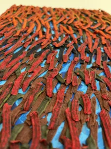 Autumnal Gradient Tactile Squeeze — painting; in oil on canvas; red, orange and blue tones — detail 1 of 3, close-up of surface texture