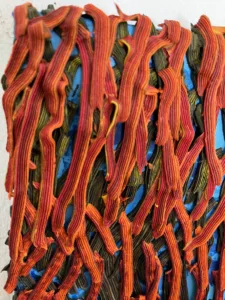 Autumnal Gradient Tactile Squeeze — painting; in oil on canvas; red, orange and blue tones — detail 2 of 3, close-up of surface texture