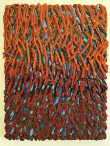 Autumnal Gradient Tactile Squeeze — painting; in oil on canvas; red, orange and blue tones — detail 3 of 3, close-up of surface texture