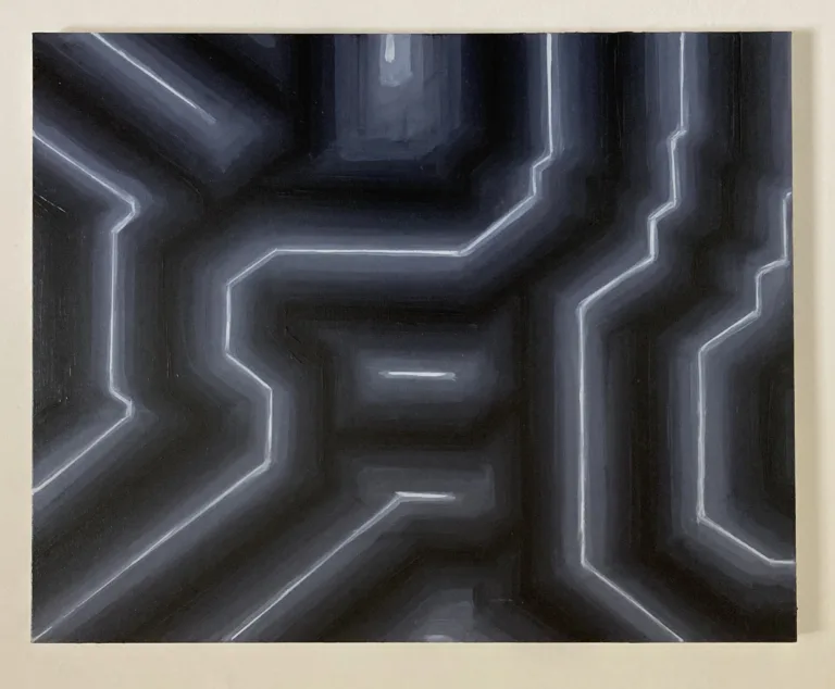 Black And White Geometric Linework Abstraction — painting; in oil on canvas; gray and monochrome tones