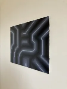Black And White Geometric Linework Abstraction — painting; in oil on canvas; gray and monochrome tones — detail 1 of 2, close-up of surface texture