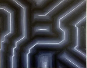 Black And White Geometric Linework Abstraction — painting; in oil on canvas; gray and monochrome tones — detail 2 of 2, close-up of surface texture