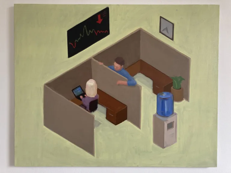 Business Casual In Isometric Perspective — painting; of a group of figures; in oil on canvas; brown and yellow tones