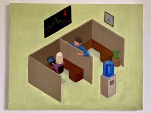 Business Casual In Isometric Perspective — painting; of a group of figures; in oil on canvas; brown and yellow tones — detail 1 of 3, close-up of surface texture
