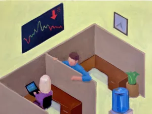 Business Casual In Isometric Perspective — painting; of a group of figures; in oil on canvas; brown and yellow tones — detail 2 of 3, close-up of surface texture
