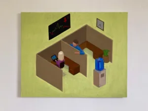 Business Casual In Isometric Perspective — painting; of a group of figures; in oil on canvas; brown and yellow tones — detail 3 of 3, close-up of surface texture