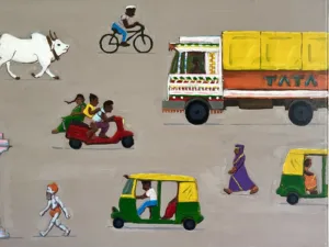 Chandni Chowk Old Delhi India Traffic — painting; of a group of figures; in acrylic on canvas — detail 2 of 2, close-up of surface texture
