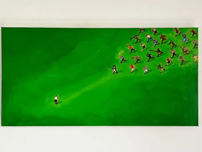 Charge Isometric — painting; of a single figure; in acrylic on canvas; green tones