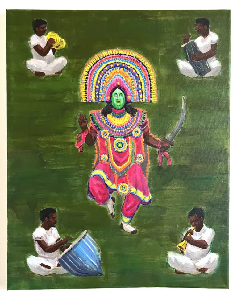 Chhau Dancer India — painting; of a group of figures; in acrylic on canvas; green, pink and brown tones