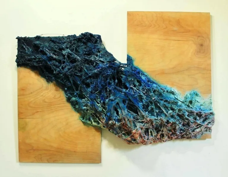 Cloud Function — painted relief; built up in heavy, tactile impasto; in spray paint; blue and pink tones