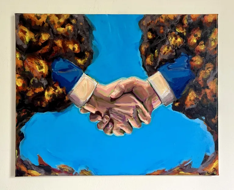 Compromise Handshake — painting; of a single figure; in acrylic on canvas; black, blue and orange tones
