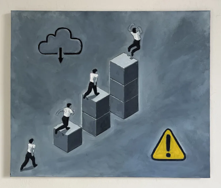 Corporate Goals Grayscale In Isometric — painting; of a single figure; in oil on canvas; black, white and monochrome tones