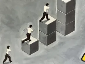 Corporate Goals Grayscale In Isometric — painting; of a single figure; in oil on canvas; black, white and monochrome tones — detail 1 of 3, close-up of surface texture