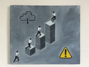 Corporate Goals Grayscale In Isometric — painting; of a single figure; in oil on canvas; black, white and monochrome tones — detail 2 of 3, close-up of surface texture