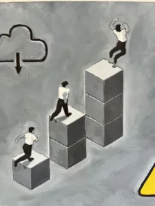 Corporate Goals Grayscale In Isometric — painting; of a single figure; in oil on canvas; black, white and monochrome tones — detail 3 of 3, close-up of surface texture