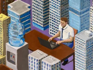 Cubicle City Worker In Isometric Perspective — painting; of a single figure; in acrylic on canvas — detail, close-up of surface texture