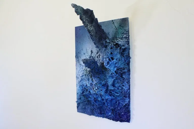 Deep End — painted relief; carved back through layers of paint; in spray paint; blue tones