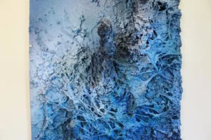 Deep End — painted relief; carved back through layers of paint; in spray paint; blue tones — detail 1 of 4, close-up of surface texture