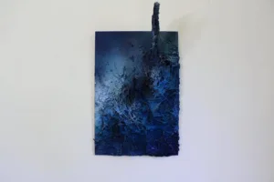 Deep End — painted relief; carved back through layers of paint; in spray paint; blue tones — detail 2 of 4, close-up of surface texture