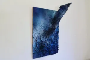 Deep End — painted relief; carved back through layers of paint; in spray paint; blue tones — detail 3 of 4, close-up of surface texture