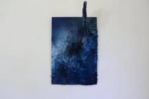 Deep End — painted relief; carved back through layers of paint; in spray paint; blue tones — detail 4 of 4, close-up of surface texture