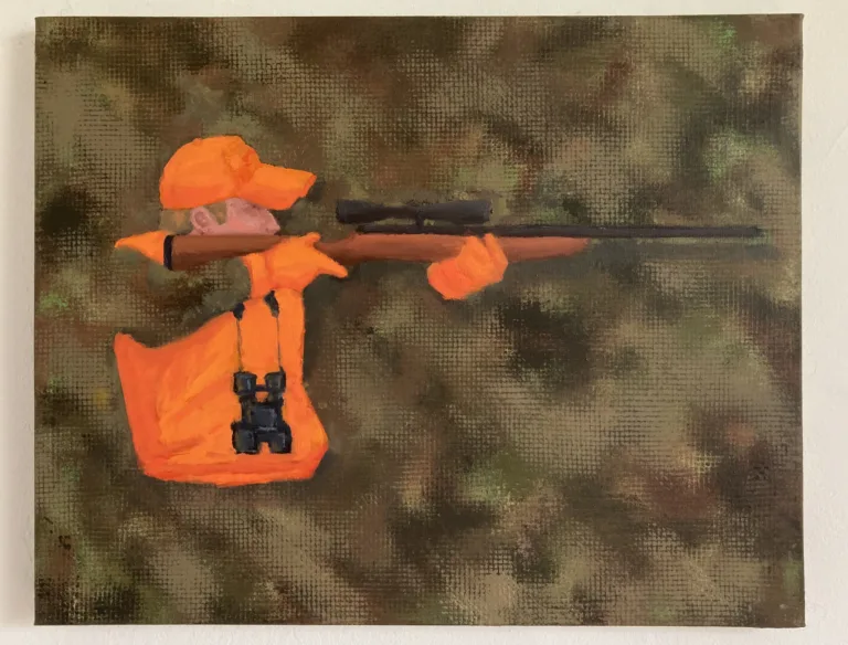 Deer Hunter With Digital Camouflage Background — painting; of a single figure; in oil on canvas