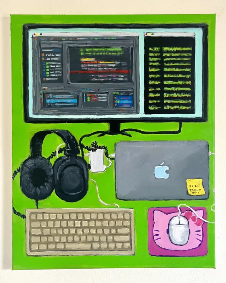 Dev Station Setup — painting; of a still life; in acrylic on canvas; green, pink, black and gray tones