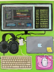 Dev Station Setup — painting; of a still life; in acrylic on canvas; green, pink, black and gray tones — detail 2 of 2, close-up of surface texture