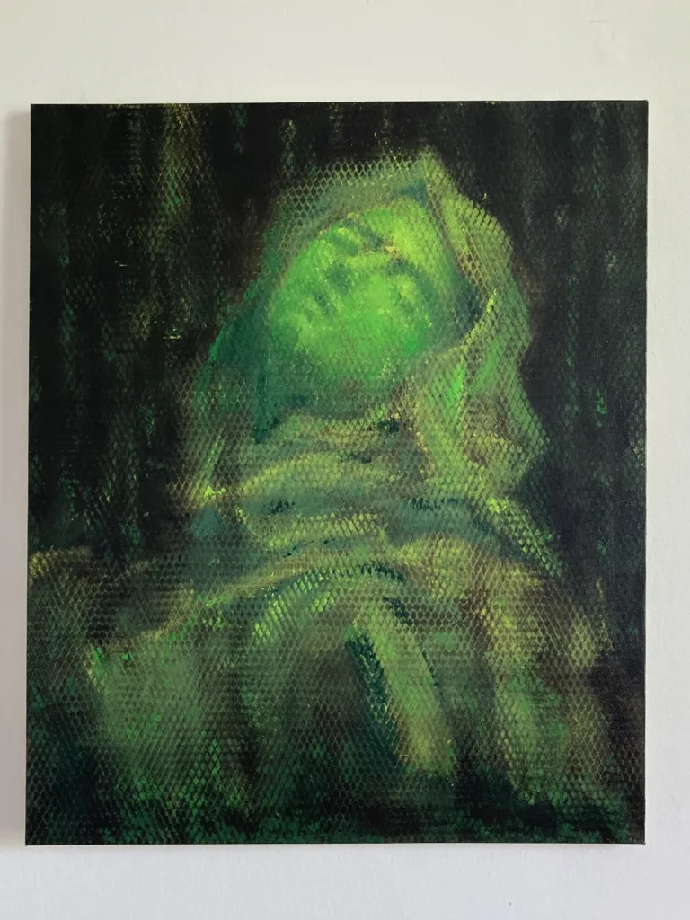 Ecstasy Of St Theresa In The Machine — painting; of a portrait; in oil on canvas; green and black tones