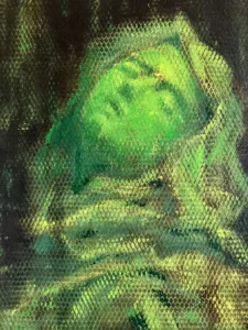 Ecstasy Of St Theresa In The Machine — painting; of a portrait; in oil on canvas; green and black tones — detail, close-up of surface texture