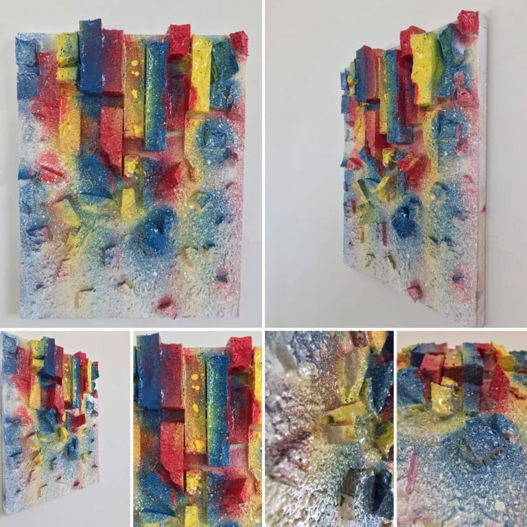 Euclids Orchard — painting; in spray paint; red, yellow, blue and white tones