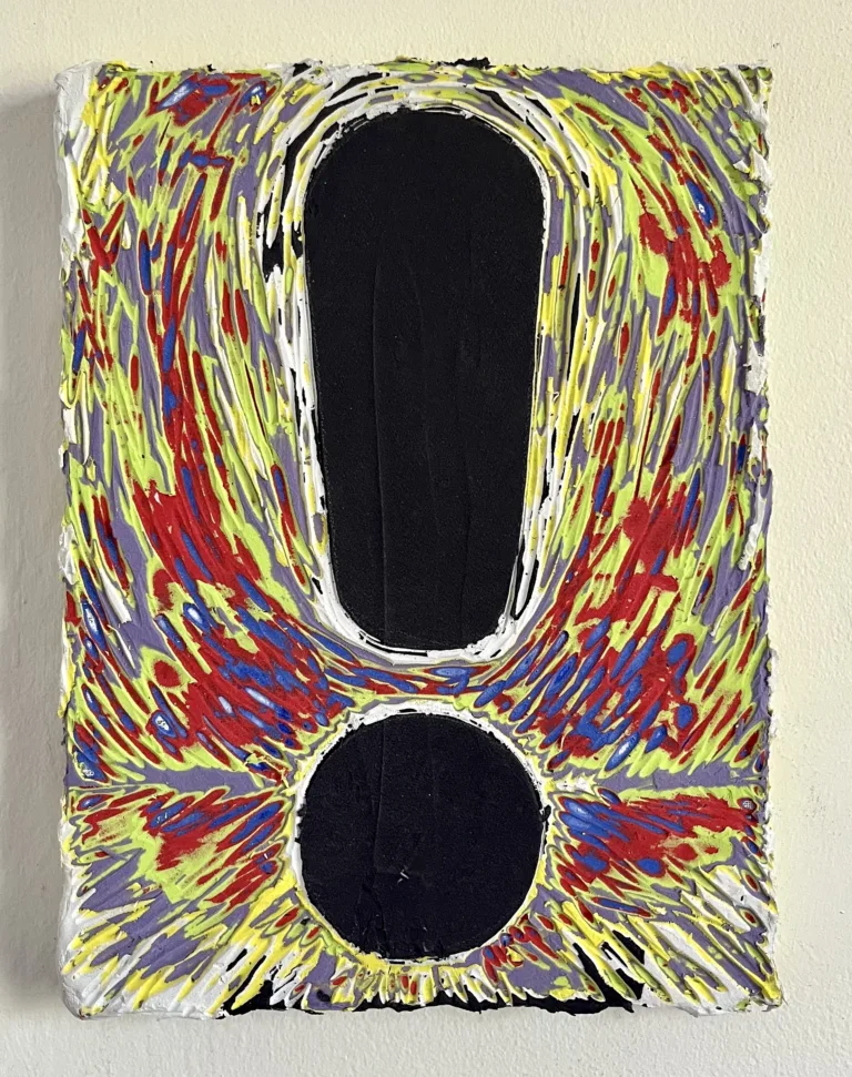 Exclamation Mark On Gouge Carved Background — painting; in acrylic on canvas; black, gray, red and yellow tones