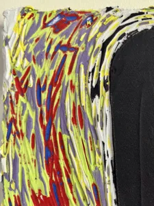 Exclamation Mark On Gouge Carved Background — painting; in acrylic on canvas; black, gray, red and yellow tones — detail 1 of 4, close-up of surface texture