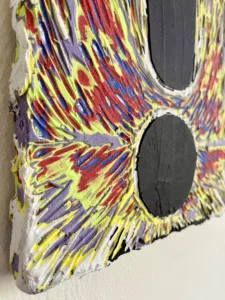 Exclamation Mark On Gouge Carved Background — painting; in acrylic on canvas; black, gray, red and yellow tones — detail 2 of 4, close-up of surface texture